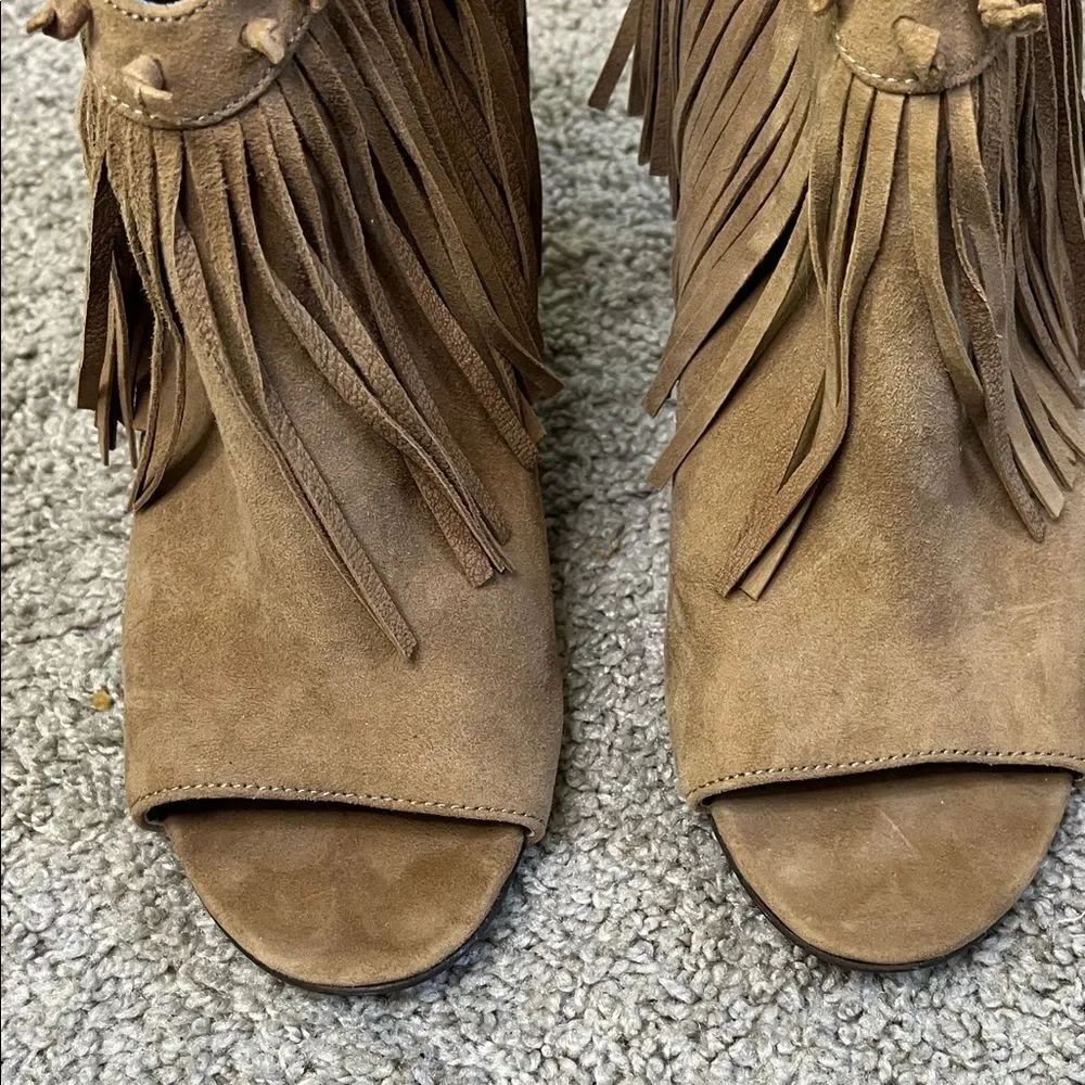 Ash Janis Brown Tan Suede Fringe Peep-Toe Wedge Booties Festival 40 US 9.5 10